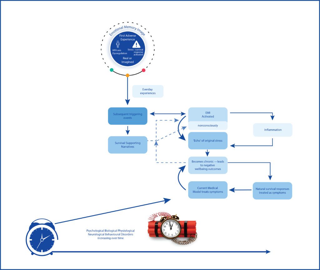 The process by which an emotional memory image perpetuates chronic disease on the micro and macro levels.