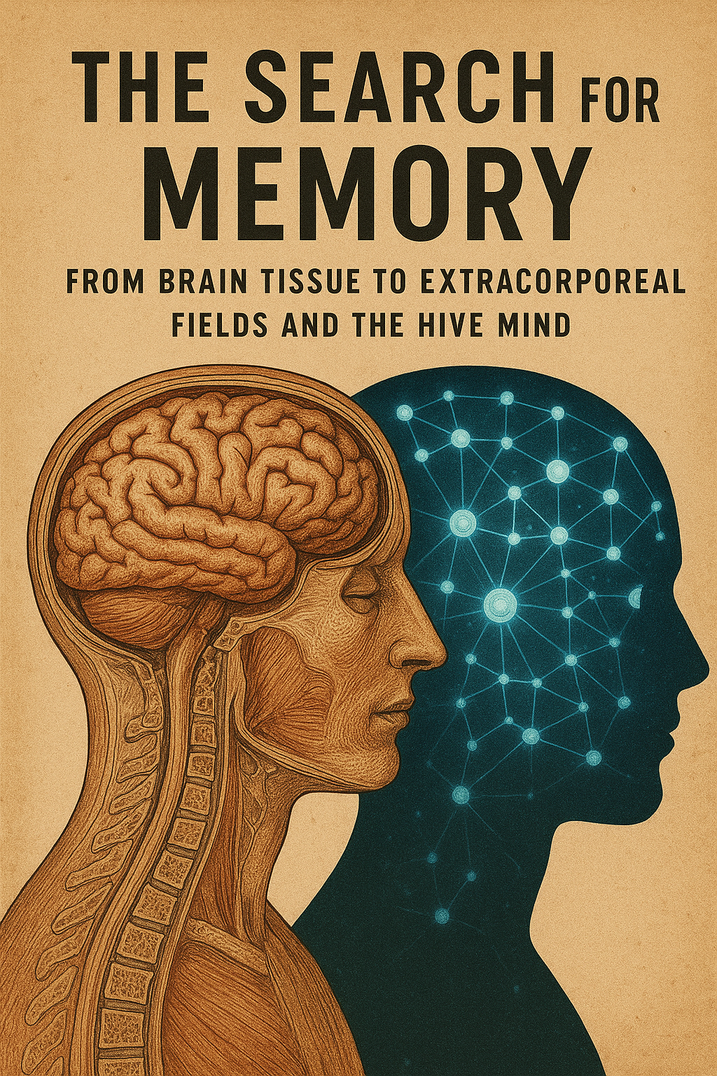 An illustration for The Search for Memory: From Brain Tissue to Extracorporeal Fields and the Hive Mind showing a human brain in anatomical detail merging into a digital network silhouette.