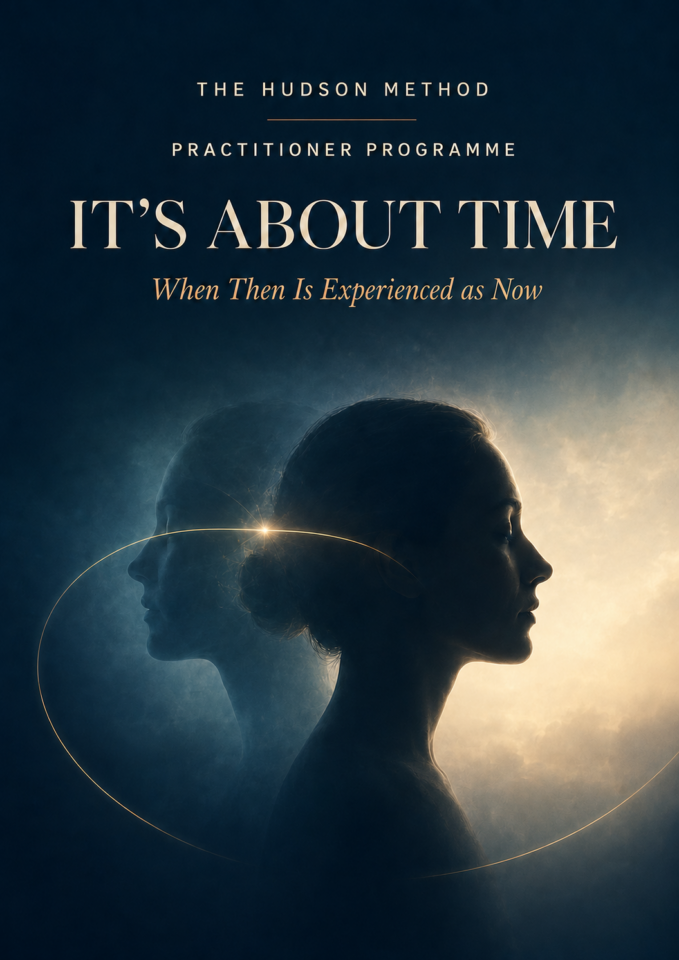Two overlapping profiles representing the past and present self, connected by a golden arc for The Hudson Method five-day programme, It’s About Time.