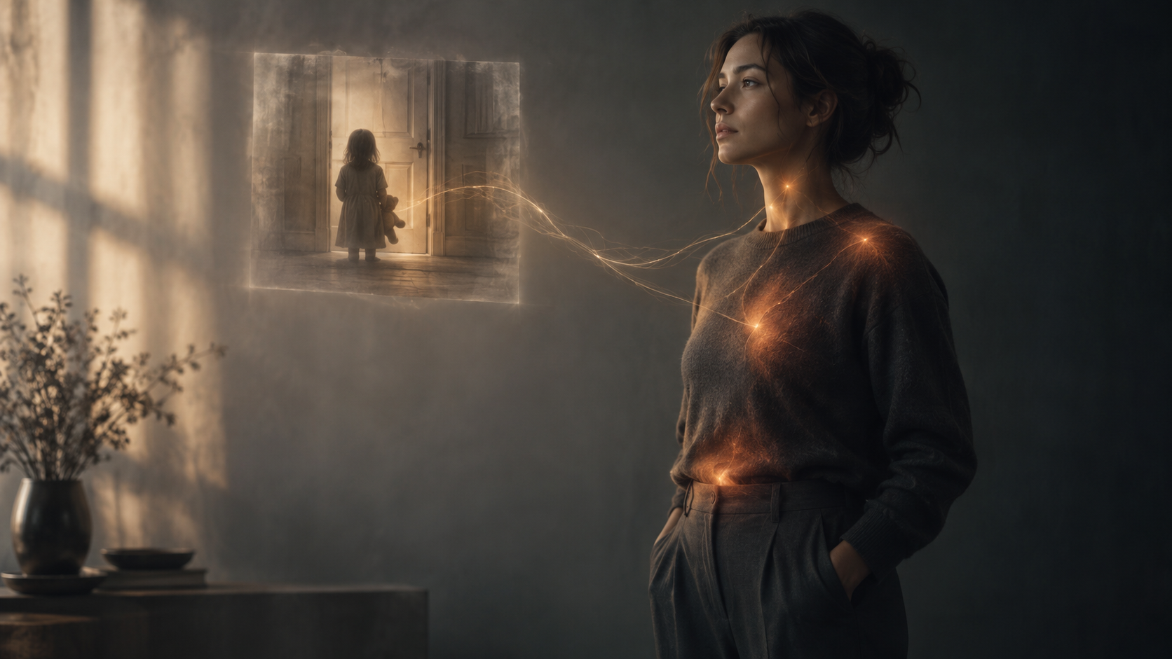 Woman with glowing points across her body beside a framed image of a child – how undiagnosed trauma is stored in the body and becomes dis-ease