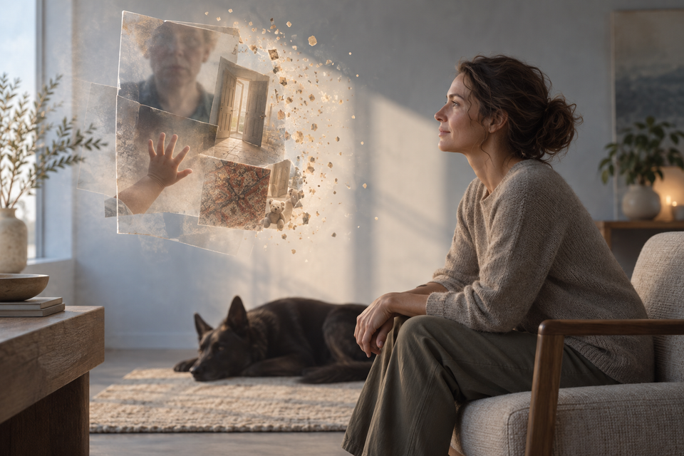 Woman gazing at Emotional Memory Images hanging in the space in front of her – undiagnosed trauma held in the peripersonal field