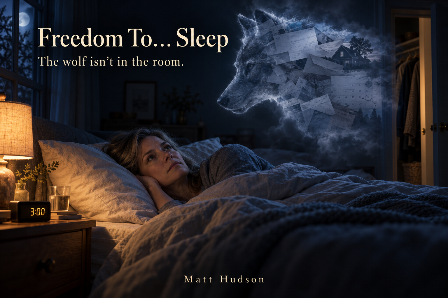 A woman lies awake in bed at 3am as a wolf made of bills and letters looms in the dark - Freedom To... Sleep by Matt Hudson