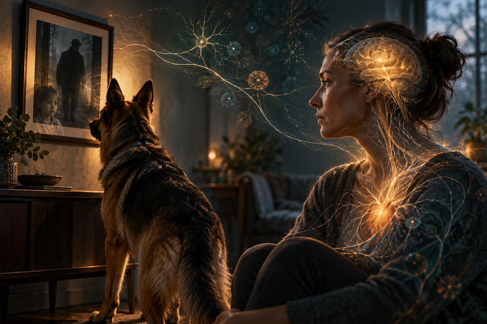 An alert guard dog watches a framed image of a past threat beside a woman with softly illuminated neural pathways, symbolising the body’s persistent stress response.