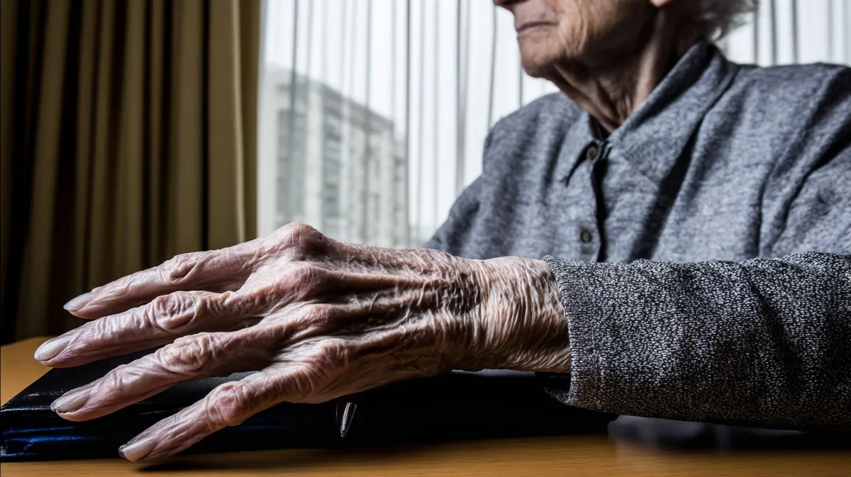 An older woman's hands resting on a desk by a window
