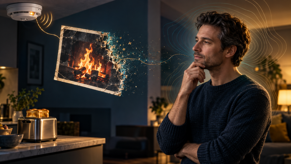 A thoughtful man in his kitchen as a smoke alarm sounds over lightly browned toast, wired not to the toast but to an old, cracked photograph of a fire that is dissolving into light