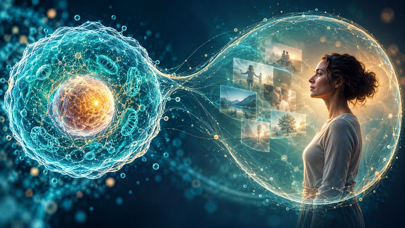 Bruce Lipton biology of belief illustrated: a glowing cell membrane connected by energy threads to the field around a woman, with emotional memory images held in the space in front of her