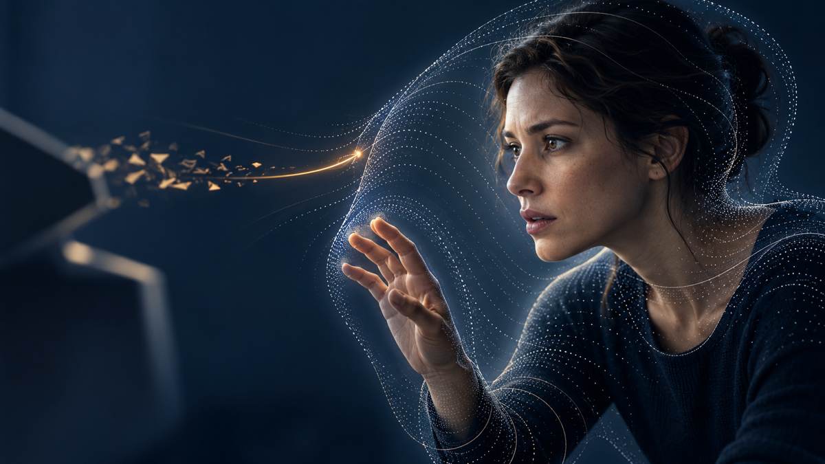 Woman reaching into the space in front of her as a glowing thread links her to scattered fragments, illustrating an Emotional Memory Image held in peripersonal space
