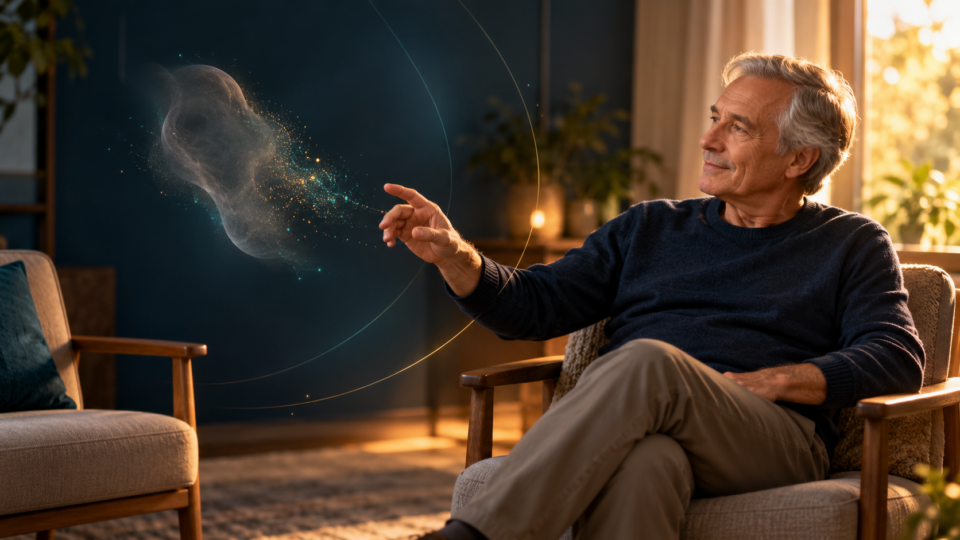 Healing trauma without the story: an older man relaxing in an armchair in warm evening light, smiling as he points to a smoky shape in the space in front of him that is dissolving into points of light