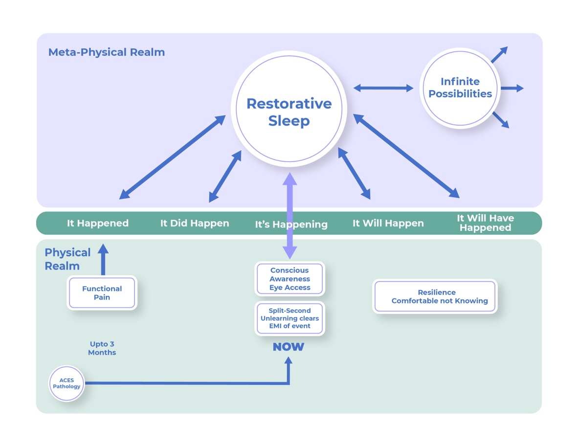 Diagram linking disturbed sleep, pain, and trauma across physical and meta-physical realms, with Eastern vs. Western views.