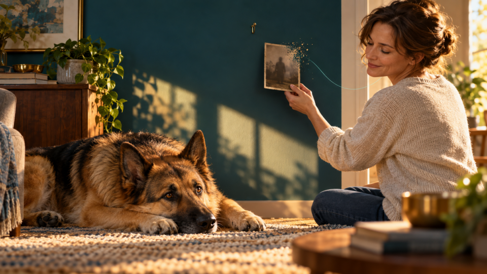 Survival brain at rest: a woman smiles as she takes an old, fading photograph down from the wall while her German Shepherd guard dog lies calmly on the rug in warm sunlight