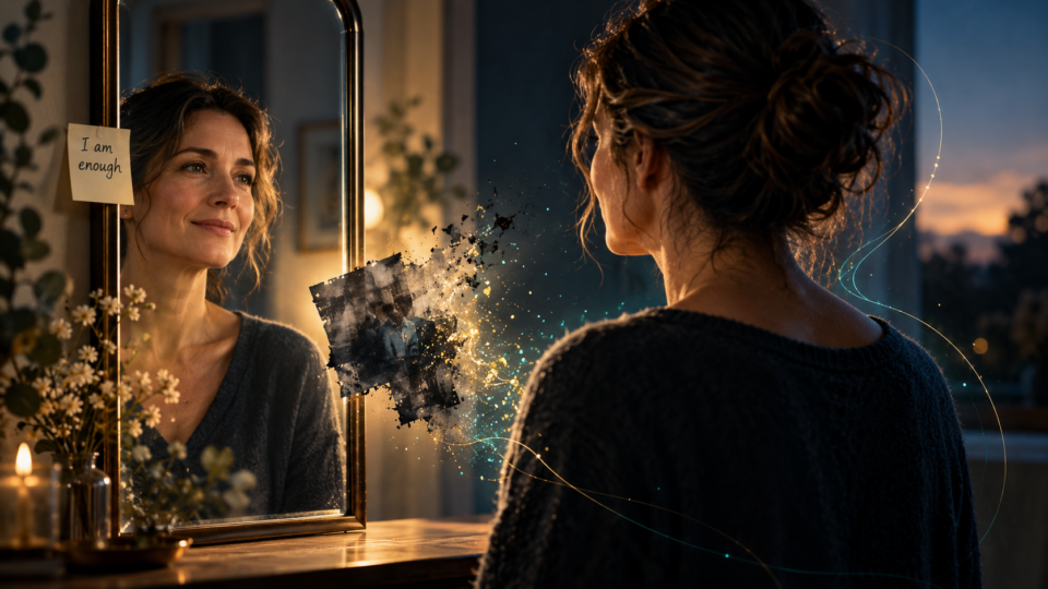 Woman smiling at her reflection beside an "I am enough" sticky note, as a faded old photograph dissolves into light between her and the mirror